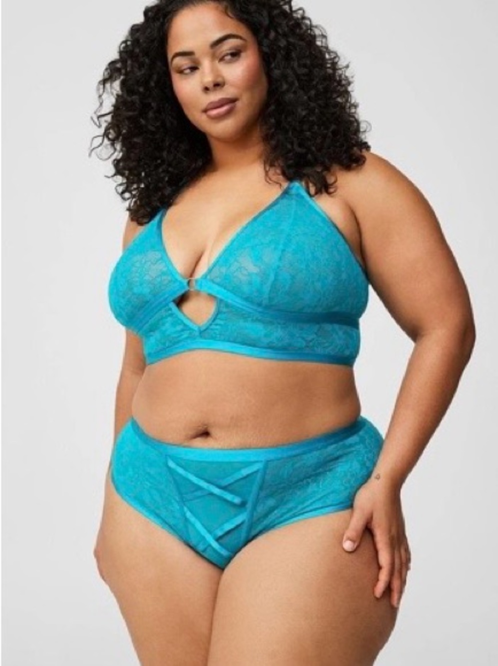 Torrid Aria Lace Wireless Bralette & Open Back Tanga Set Capri Breeze